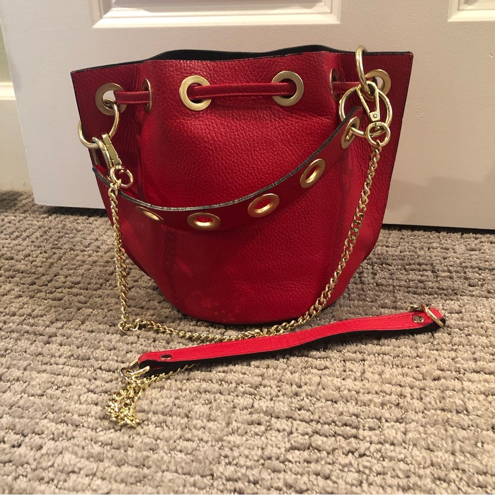 Cherry Red Crossbody (Detachable Strap) Bucket Bag with Gold Hardware
